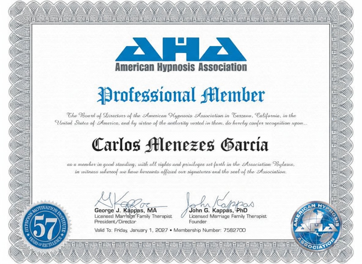Certificação American Hypnosis Association - Carlos Menezes Garcia